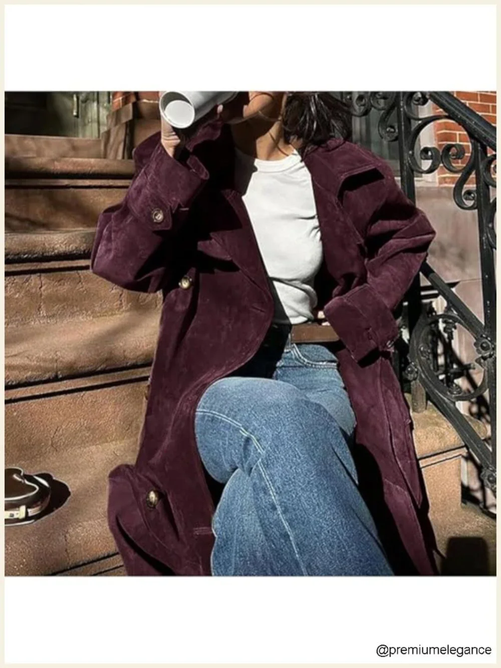 Women's Faux Suede Long Trench Coat Notched Lapel Double Breasted Pea Coat
